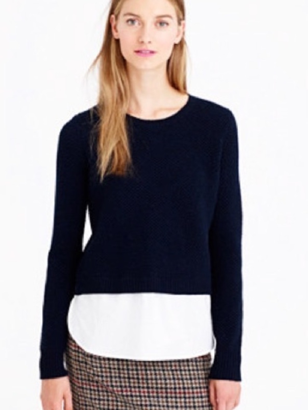 J. Crew Sweater Layered Hem XS Navy Blue Wool Cotton